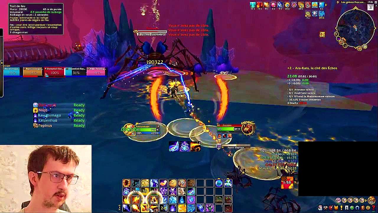 Sur cette image, je vous montre un mage feu entrain de combattre le premier boss de Ara-Kara en Mode Mythic+.