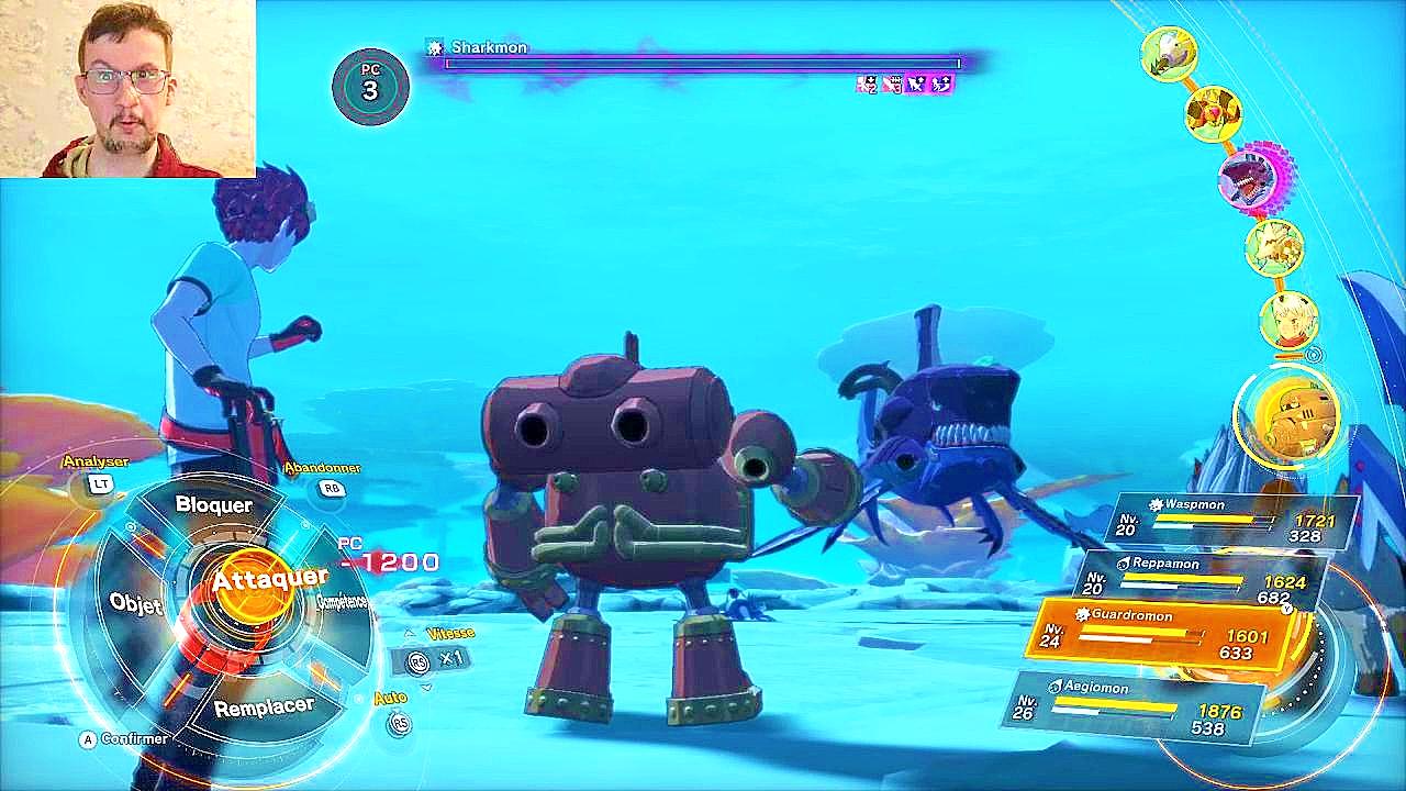 Sur cette image, je pénètre dans la forêt mécanique avec mon équipe ultime et j'affronte un boss qui fait revenir en continue les digimon