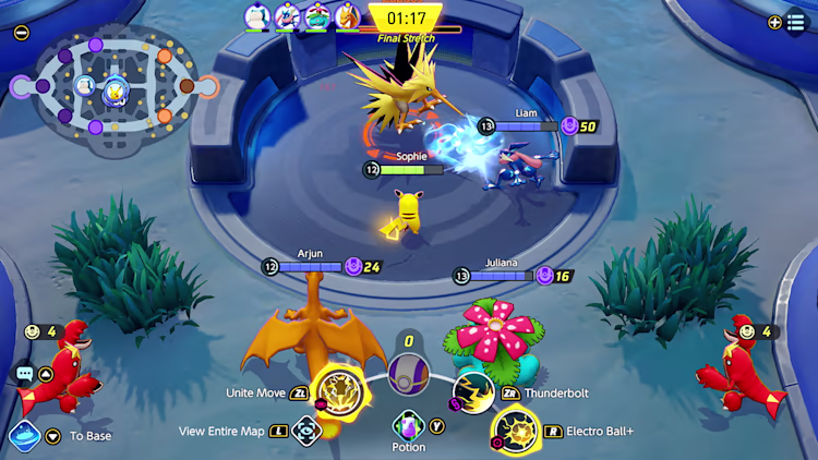 Sur cette image, je vous montre des pokemon entrain de s'affronter dans une arène devant le pokemon Légendaire Electhor