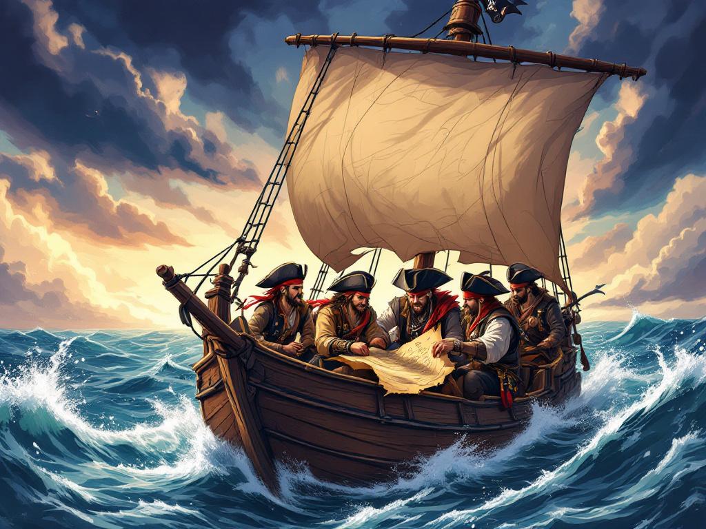 Sur cette image, je vous montre des pirates nombreux sur un bateau qui navigue en mer !