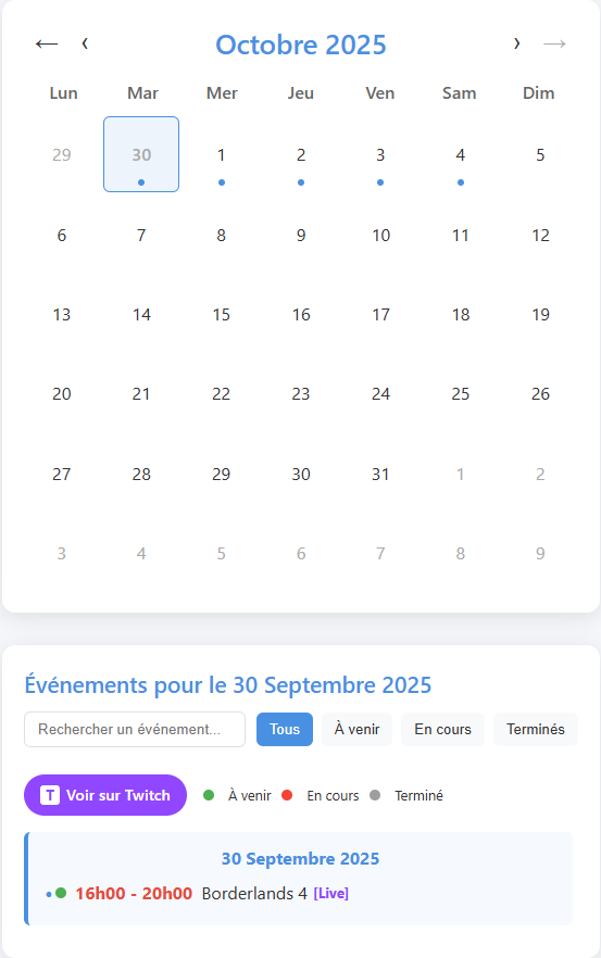 Sur cette image, je vous montre le nouveau moyens d'avoir les informationS sur le calendier pour les lives et les vidéos.